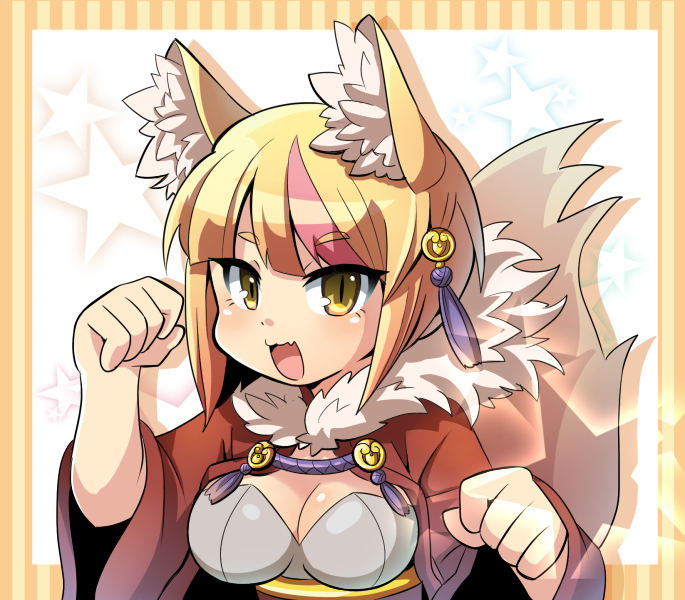 1girl :3 :d animal_ears au au_(auchan) bad_id bad_pixiv_id blonde_hair breasts cleavage female_focus fire_emblem fire_emblem_fates fox_ears fox_tail fur_trim hair_ornament japanese_clothes multicolored_hair nintendo open_mouth pink_hair selkie_(fire_emblem) short_hair simple_background slit_pupils smile solo star_(symbol) streaked_hair striped_background tail upper_body yellow_eyes