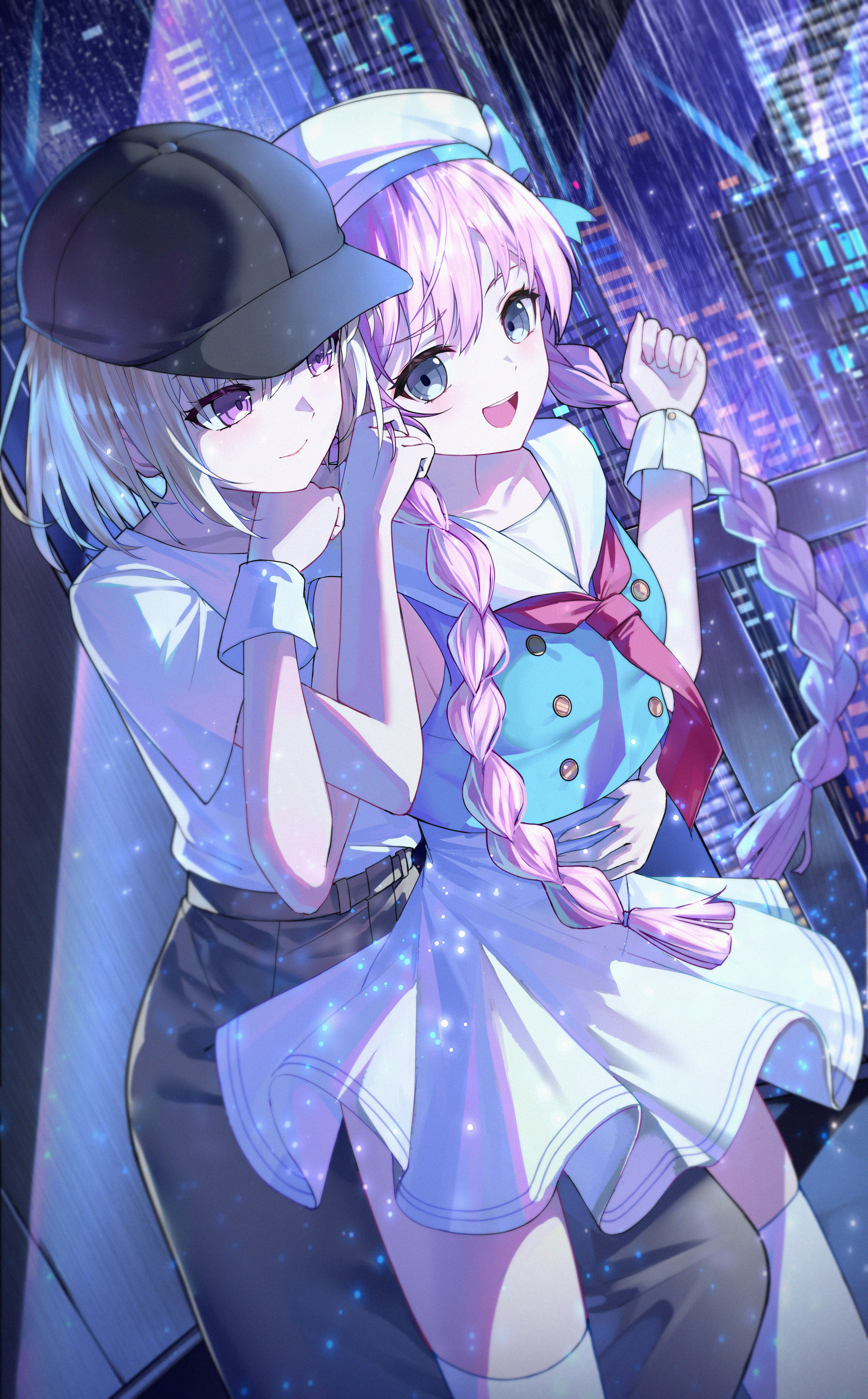 2girls :d absurdres bang_dream! bang_dream!_it's_mygo!!!!! bare_arms baseball_cap belt beret black_hat blonde_hair blue_bow blue_shirt blush bow braid building buttons chihaya_anon chinese_commentary city_lights clenched_hands closed_mouth commentary_request commission condensation double-breasted floating_neckwear front-to-back geez grey_belt grey_eyes grey_skirt hand_on_another's_stomach hands_up hat hat_bow high-waist_skirt highres hug hug_from_behind indoors leg_between_thighs light_particles long_hair long_skirt looking_at_another looking_to_the_side making-of_available miniskirt misumi_uika multiple_girls necktie neon_palette night official_alternate_costume official_alternate_hairstyle open_mouth pencil_skirt pink_hair purple_eyes rain raised_eyebrows red_necktie sailor_collar sailor_hat sailor_shirt shirt shirt_tucked_in short_hair short_sleeves sidelighting skirt skyscraper sleeveless sleeveless_shirt smile square-end_necktie t-shirt thighhighs twin_braids white_sailor_collar white_shirt white_skirt white_thighhighs white_wrist_cuffs window witch_hat wrist_cuffs yuri