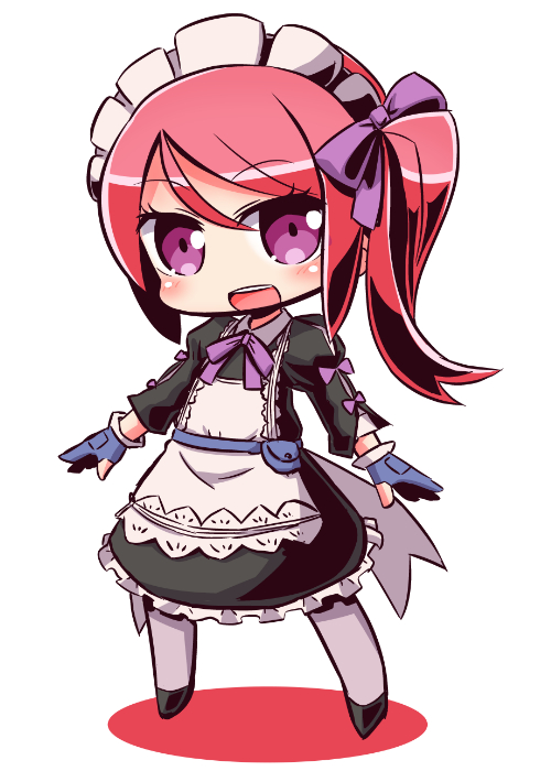 1girl 7th_dragon_(series) 7th_dragon_iii :d apron black_dress black_shoes blue_gloves blush bow chibi collared_dress colored_shadow commentary_request dress female_focus full_body gloves god-hand_(7th_dragon) grey_pantyhose hair_between_eyes hair_bow juliet_sleeves long_hair long_sleeves looking_at_viewer maid maid_headdress naga_u one_side_up open_mouth pantyhose partially_fingerless_gloves puffy_sleeves purple_bow purple_eyes red_hair round_teeth shadow shoes sidelocks smile solo standing teeth upper_teeth_only white_apron white_background