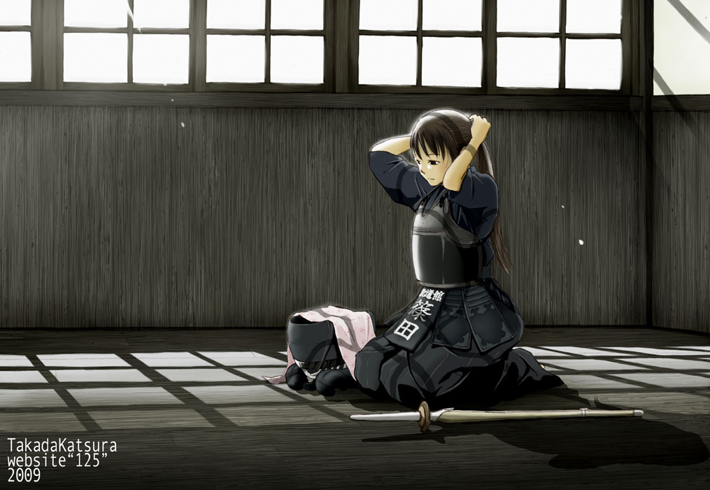 1girl adjusting_hair arms_behind_head bougu brown_hair dojo female_focus hairband hakama hakama_skirt helmet japanese_clothes kendo long_hair original ponytail seiza shade shinai sitting skirt slice_of_life solo sword takada_katsura tenugui unworn_headwear unworn_helmet weapon window window_shadow