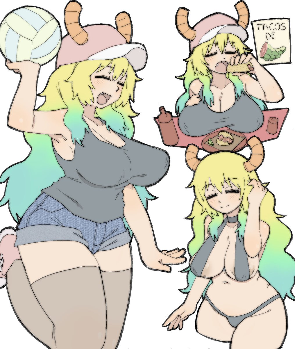 bikini cap closed_eyes dragon eating gradient_hair highres horns kobayashi-san_chi_no_maidragon lucoa_(maidragon) mexican_food multicolored_hair nipple_slip nipples pantsu-ripper shorts swimsuit taco