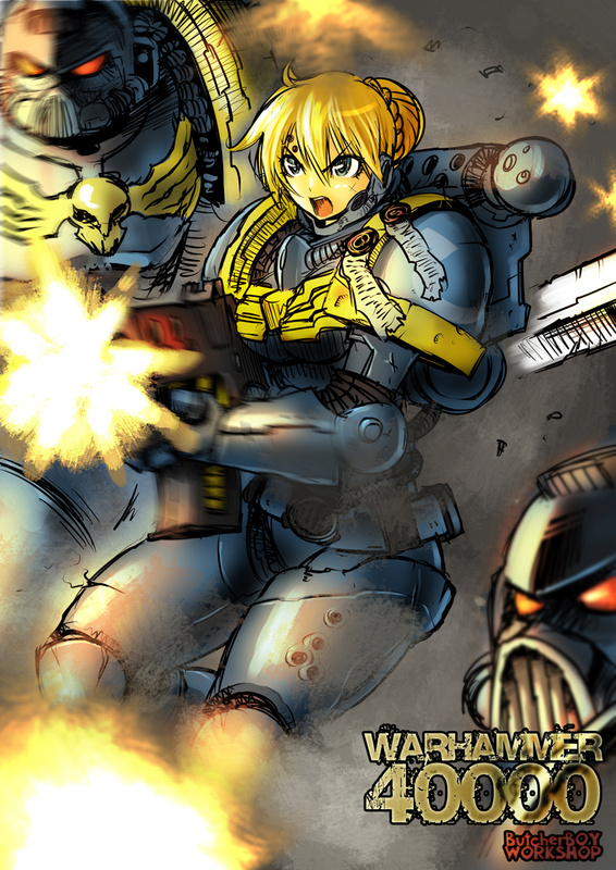 .75_calibre_bolt 1girl adeptus_astartes angry anti-materiel_cartridge armor artoria_pendragon_(fate) battlefield blonde_hair blue_eyes bolt_(warhammer_40k) bolter braid butcherboy crossover fate/stay_night fate_(series) female_focus gun hair_bun helmet heresy high-explosive_cartridge mask open_mouth parody purity_seal red_eyes rifle rocket-assisted_projectile saber_(fate) single_hair_bun smoke solo space_marine ultramarines warhammer_40k weapon window_magazine