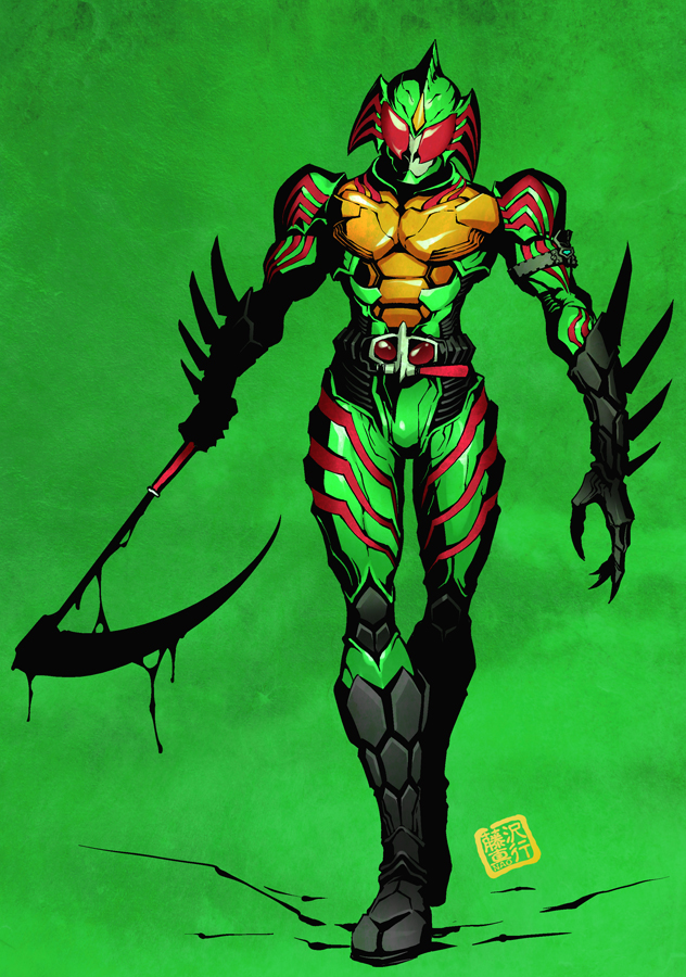 1boy arm_blade claws dripping fujisawa_naoyuki green_theme holding holding_weapon kamen_rider kamen_rider_amazon_omega kamen_rider_amazons male_focus mask red_eyes sickle signature solo tokusatsu walking weapon
