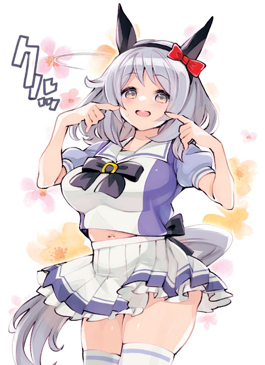 1girl animal_ears breasts brown_eyes commentary_request grey_hair hair_between_eyes hair_ornament hairband hishi_miracle_(umamusume) horse_ears horse_girl horse_tail looking_at_viewer medium_breasts medium_hair navel open_mouth pointing pointing_at_self ribbon ryoji_(nomura_ryouji) school_uniform solo tail thighhighs tracen_school_uniform umamusume