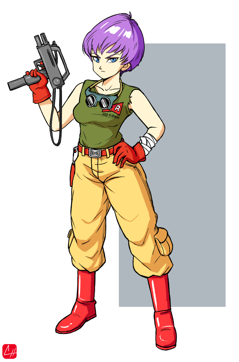 boots colonel_violet dragon_ball gun highres purple_hair red_ribbon_army short_hair weapon