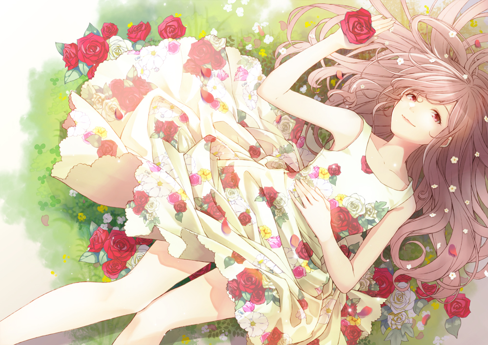 1girl bare_arms bare_legs bare_shoulders clothes_lift dress dutch_angle female_focus floral_print flower grass hair_flower hair_ornament hand_on_own_chest happy leaf light_brown_hair light_smile long_sleeves looking_at_viewer lying on_back original petals pink_flower pink_rose plant red_eyes retsuna rose skirt skirt_lift sleeveless sleeveless_dress smile solo white_dress white_flower white_rose yellow_flower