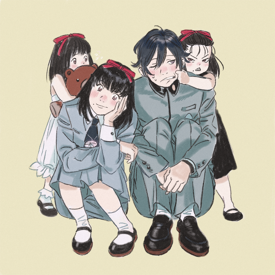 1boy 3girls aki_(persona) amber389 black_footwear black_hair blush child grey_background grey_jacket grey_skirt hair_between_eyes hair_ribbon hand_on_own_face jacket long_hair long_sleeves looking_at_another looking_to_the_side mai_(persona) mole mole_under_mouth multiple_girls multiple_persona necktie one_eye_closed own_hands_together persona persona_1 red_ribbon ribbon school_uniform shoes short_hair simple_background skirt socks sonomura_maki st._hermelin_school_uniform stuffed_animal stuffed_toy sweatdrop teddy_bear toudou_naoya white_socks