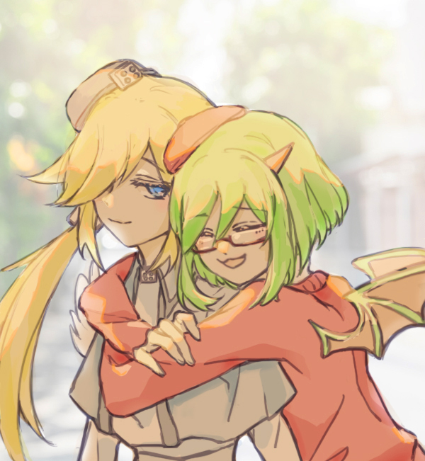 2girls :3 angel angel_wings beret blonde_hair blue_eyes capelet closed_mouth demon demon_girl demon_wings dorada froze_(funamusea) funamusea green_hair green_wings grey_capelet haiiro_teien hair_over_one_eye hat horns hug long_hair looking_at_another low_twintails multiple_girls open_mouth red-framed_eyewear red_headwear red_sweater semi-rimless_eyewear short_hair sidelocks single_horn smile sweater twintails wings yosafire_(funamusea) yuri