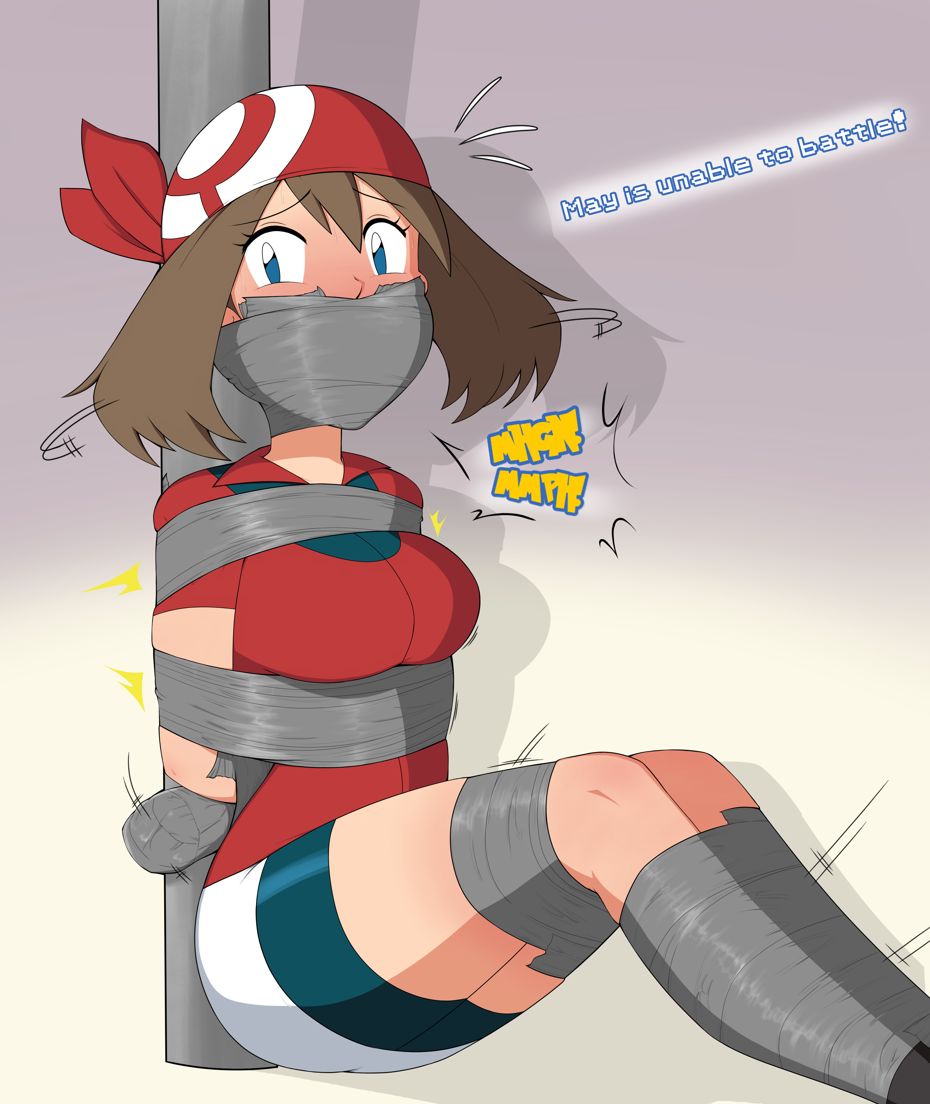 1girl absurdres arms_behind_back autotaped bdsm blush bondage bound gag gagged highres improvised_gag may_(pokemon) motion_lines nintendo pokemon pokemon_rse solo struggling tape tape_bondage tape_gag taped_arms taped_fingers taped_hands taped_legs tied_to_stake