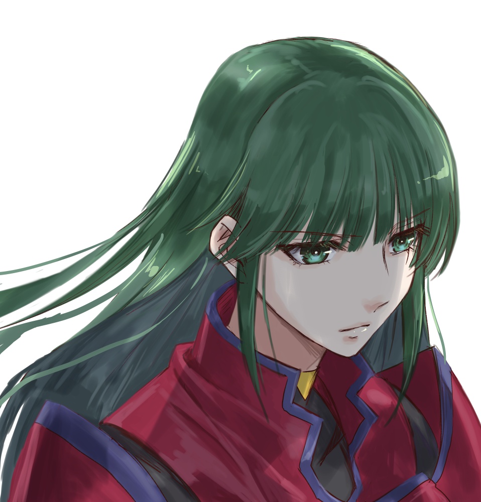 1girl expressionless from_above green_eyes green_hair hair_behind_ear jacket juliet_sleeves jun_(rellik_&amp;_redrum) long_sleeves looking_ahead military military_uniform muv-luv muv-luv_alternative muv-luv_alternative_(anime) portrait puffy_sleeves red_jacket solo tsukuyomi_mana white_background