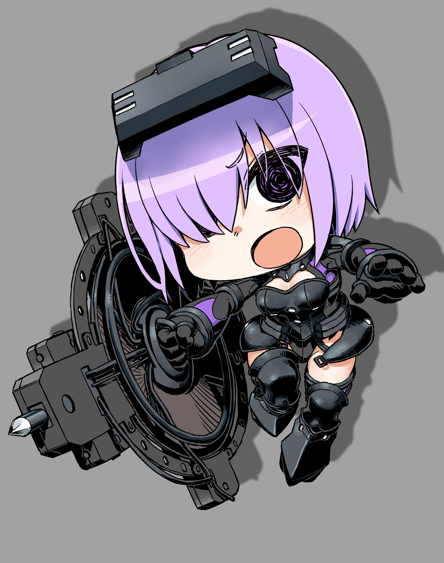 1girl abua armor armored_boots armored_leotard black_armor black_leotard boots breasts chibi cleavage drop_shadow fate/grand_order fate_(series) faulds full_body gorget grey_background hair_over_one_eye head-mounted_display holding holding_shield leotard looking_at_viewer lord_camelot_(fate) mash_kyrielight mash_kyrielight_(ortenaus) medium_breasts medium_hair open_mouth purple_eyes purple_hair shield simple_background solo