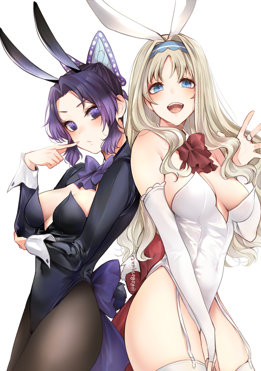 2girls :d animal_ears bare_shoulders black_legwear black_vs_white blonde_hair blue_eyes blush bow bowtie breasts carrot_(robosquat) darling_in_the_franxx elbow_gloves fake_animal_ears garter_straps gloves hair_ornament hairband hayami_saori highres kimetsu_no_yaiba kochou_shinobu kokoro_(darling_in_the_franxx) leotard long_hair looking_at_viewer medium_breasts multiple_girls open_mouth pantyhose playboy_bunny purple_eyes purple_hair rabbit_ears simple_background smile teeth thighhighs voice_actor_connection white_background white_gloves white_legwear