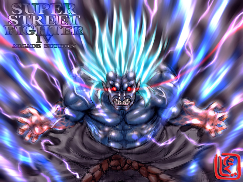 1boy akuma_(street_fighter) aqua_hair aura blue_skin capcom colored_skin copyright_name glowing glowing_eyes kuruoshiki_oni lightning male_focus motion_blur muscular nikuji-kun red_eyes sharp_teeth solo spiked_hair street_fighter street_fighter_iv_(series) teeth topless_male