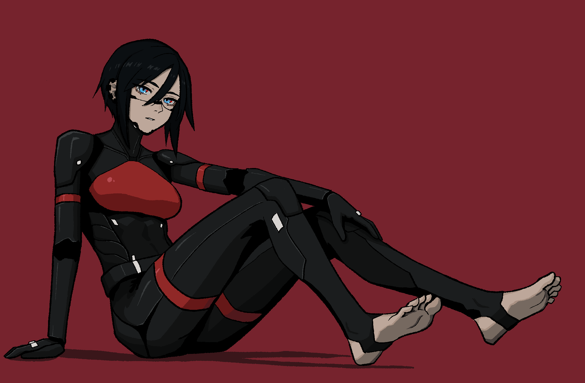 1girl android ass black_hair blue_eyes cyberpunk elster_(signalis) feet hibonite_art highres joints metal_skin robot_girl robot_joints science_fiction short_hair signalis solo