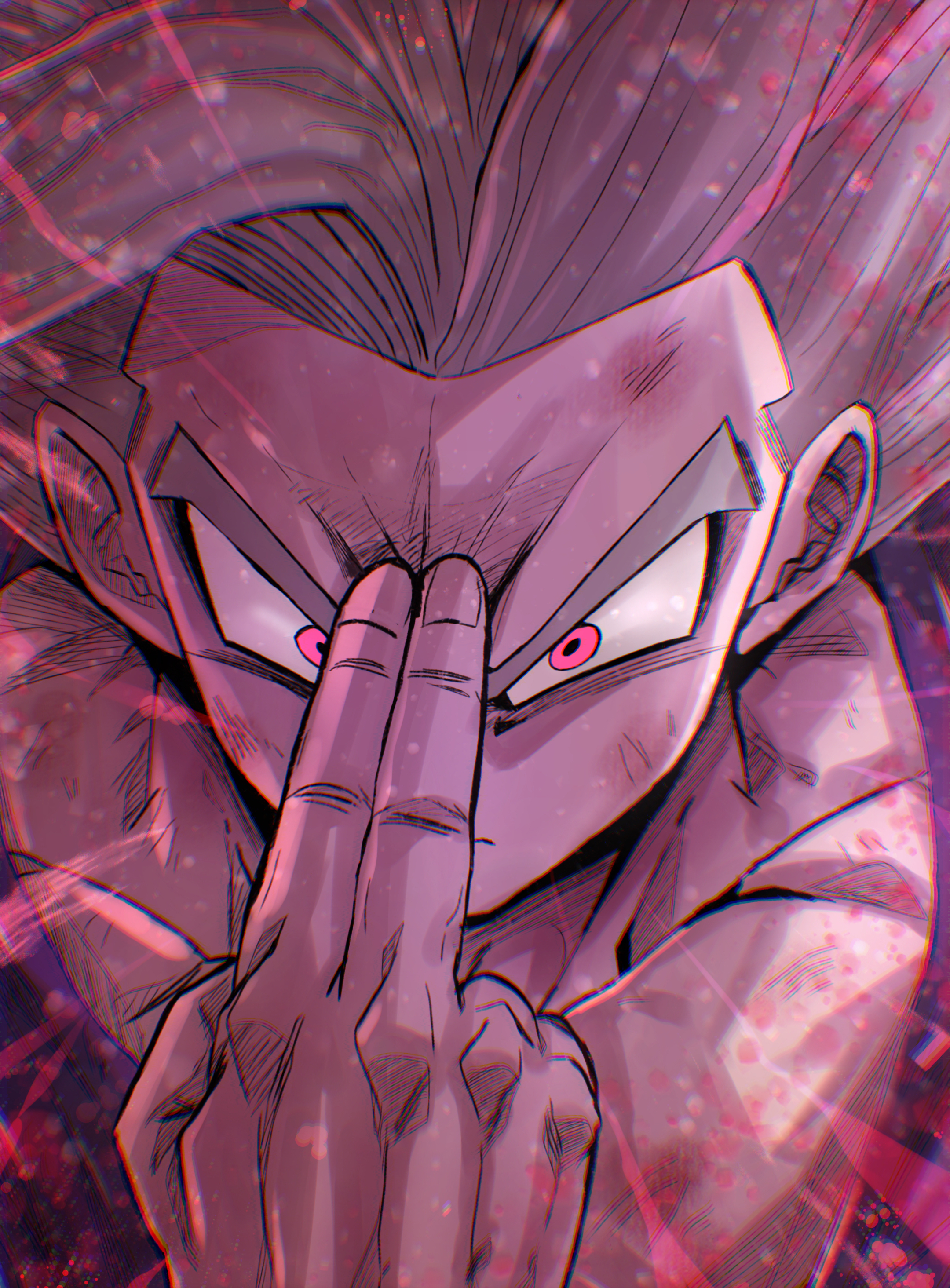 1boy absurdres chiro_illust close-up closed_mouth collarbone commentary_request curtained_hair dragon_ball dragon_ball_super dragon_ball_super_super_hero finger_on_forehead gohan_beast grey_hair highres male_focus pink_eyes scratches solo son_gohan v-shaped_eyebrows
