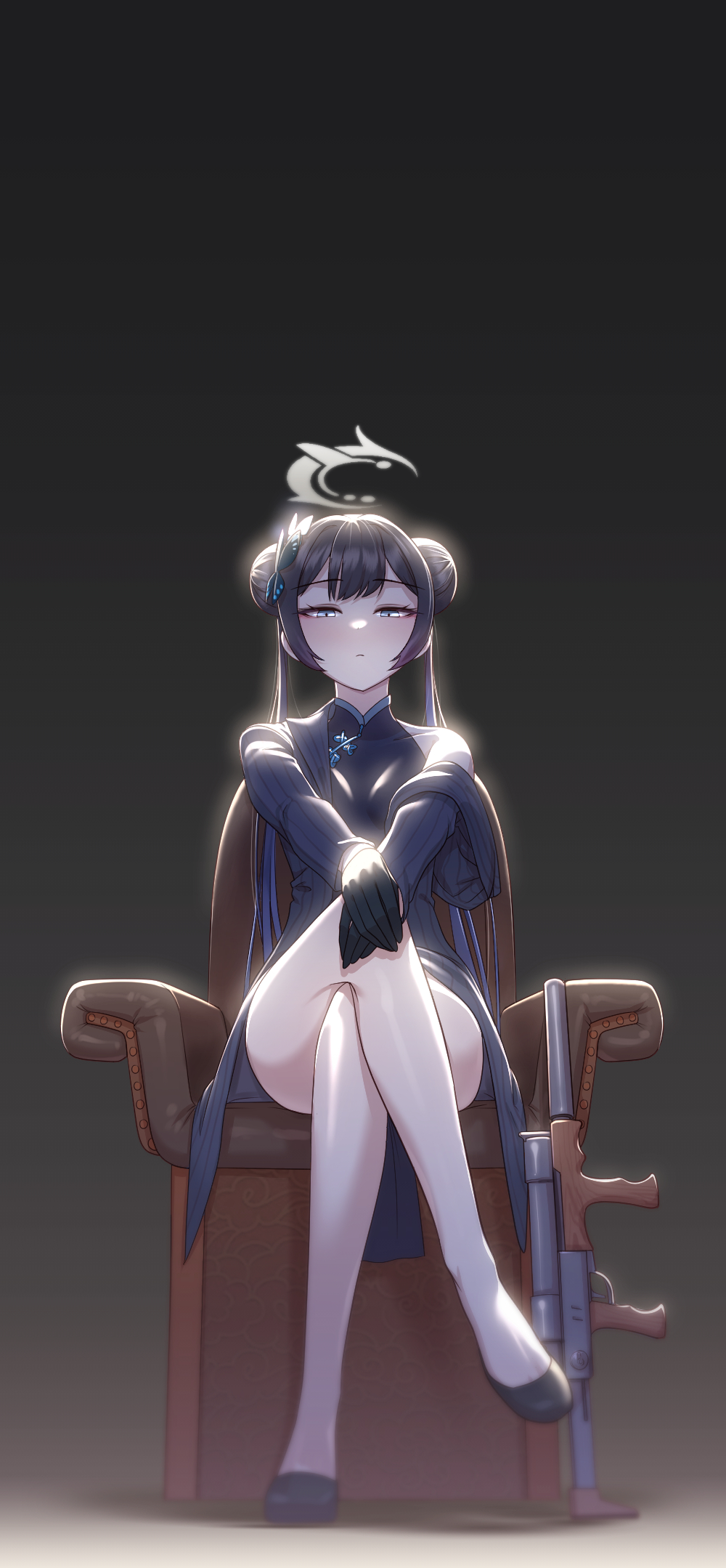 1girl bare_legs black_coat black_dress black_hair black_shoes blue_archive butterfly_hair_ornament coat commentary_request crossed_legs cs/ls06 double_bun dress full_body hair_bun hair_ornament halo hands_on_own_knee highres kisaki_(blue_archive) looking_at_viewer on_chair partial_commentary red_machine shoes single_bare_shoulder sitting solo twintails