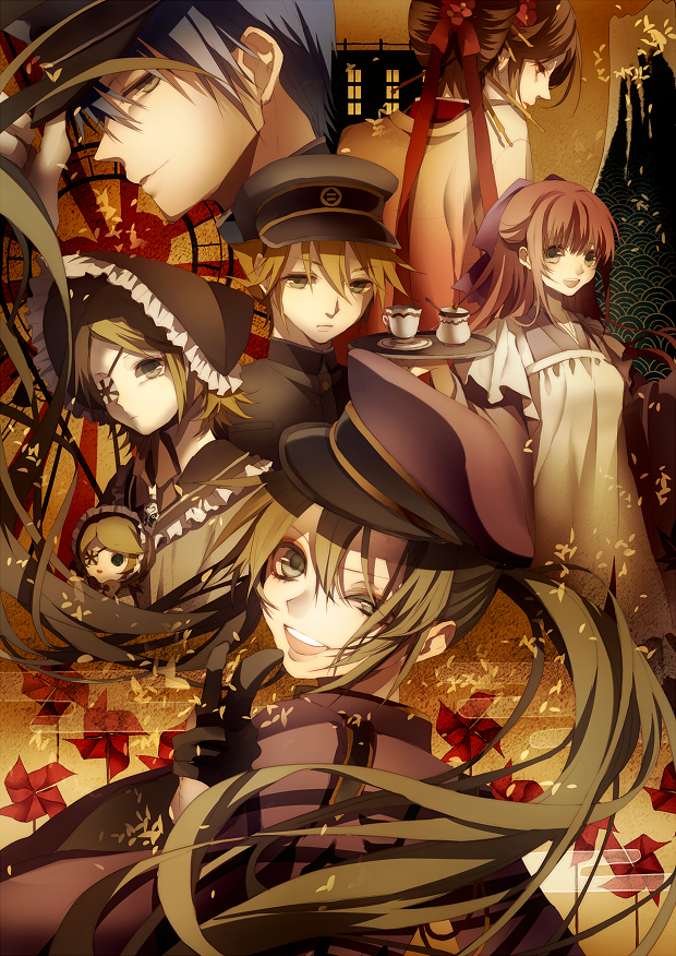 2boys 4girls doll egasumi eyepatch gloves hat hatsune_miku kagamine_len kagamine_len_(ni_no_sakura_senbu) kagamine_rin kagamine_rin_(ni_no_sakura_kouchou) kaito_(rei_no_sakura_sousetsu)_(vocaloid) kaito_(vocaloid) looking_back megurine_luka megurine_luka_(san_no_sakura_fuuka) meiko_(rei_no_sakura_benitsubaki)_(vocaloid) meiko_(vocaloid) multiple_boys multiple_girls peaked_cap pinwheel seigaiha senbon-zakura_(vocaloid) tsukioka_tsukiho twintails vocaloid