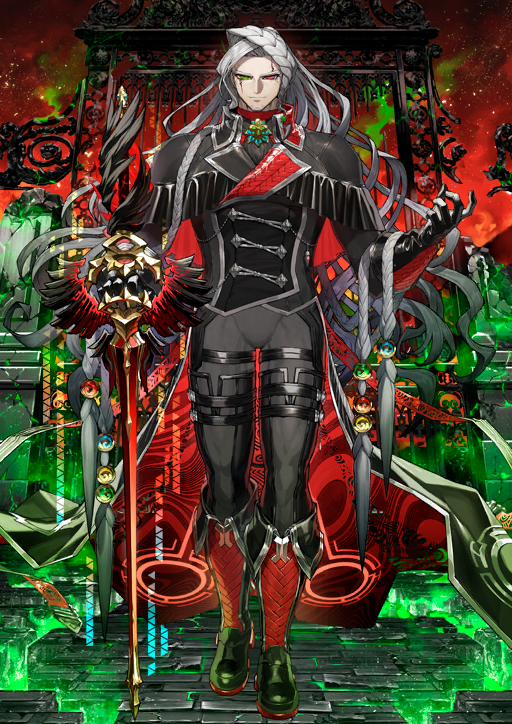 1boy alessandro_di_cagliostro_(fate) ascot black_ascot black_coat black_gloves boots braid buttons closed_mouth coat cracked_skin double-breasted facial_hair fate/grand_order fate_(series) floating_hair full_body game_cg gloves goatee green_eyes grey_pants hand_up heterochromia high_collar lapels long_hair looking_at_viewer male_focus notched_lapels official_art pants red_background red_coat red_eyes red_shirt routo shirt solo standing straight-on sword tailcoat third-party_source toned toned_male two-sided_coat two-sided_fabric variant_set very_long_hair weapon white_hair