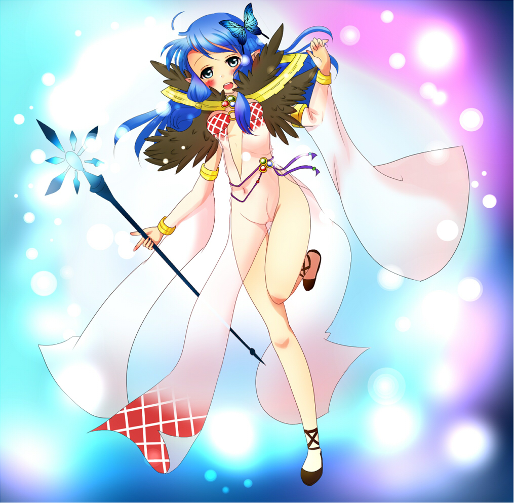 1girl argyle_clothes argyle_dress black_shoes blue_background blue_eyes blue_hair blush breasts butterfly_hair_ornament chiyunko_(rna-14-fei) commentary_request covered_navel detached_sleeves dress full_body fur_collar hair_ornament holding holding_staff long_hair looking_at_viewer medium_breasts no_panties open_mouth pink_dress pink_sleeves ragnarok_online see-through_clothes see-through_dress shoes side_slit smile solo sorcerer_(ragnarok_online) staff standing standing_on_one_leg