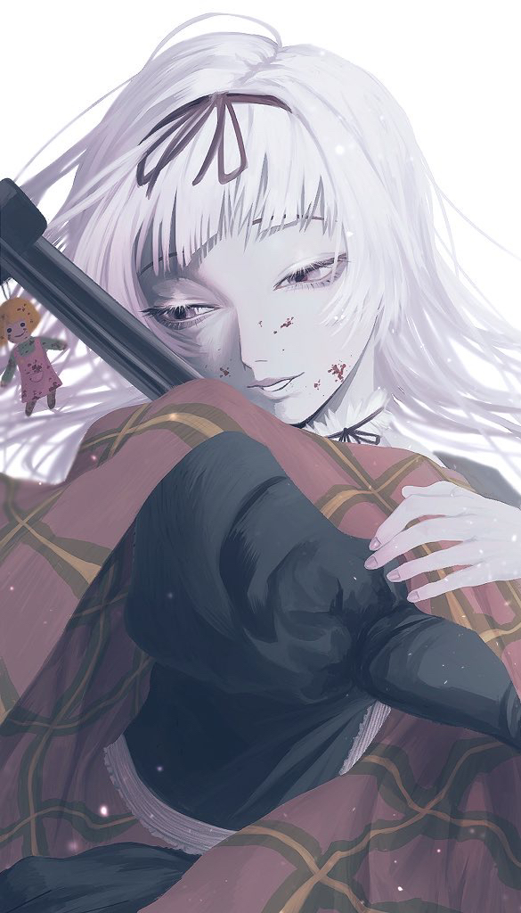 1girl black_dress black_lagoon blanket blood blood_on_face charm_(object) commentary_request dress fuon_shichimi gretel_(black_lagoon) gun holding holding_weapon juliet_sleeves light_smile long_hair long_sleeves looking_down parted_lips puffy_sleeves rifle simple_background solo upper_body weapon weapon_charm white_background white_eyes white_hair
