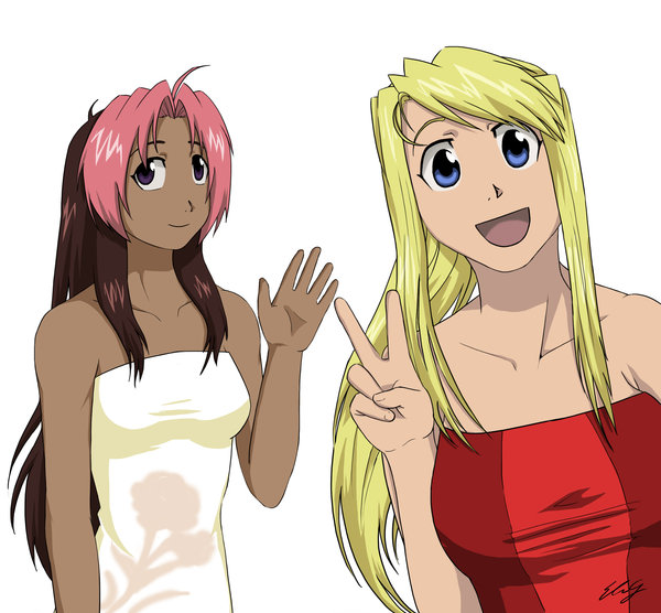 2girls :d ahoge alternate_costume arm_at_side artist_request bare_arms bare_shoulders blonde_hair blue_eyes breasts brown_hair c: closed_mouth collarbone dark-skinned_female dark_skin dress female_focus floral_print formal_clothes fullmetal_alchemist hand_up happy long_hair looking_at_viewer medium_breasts multicolored_hair multiple_girls neck open_mouth parted_bangs pink_hair ponytail purple_eyes red_dress rose_thomas rose_tomas sidelocks simple_background smile strapless strapless_dress swept_bangs two-tone_hair upper_body v waving white_background white_dress winry_rockbell