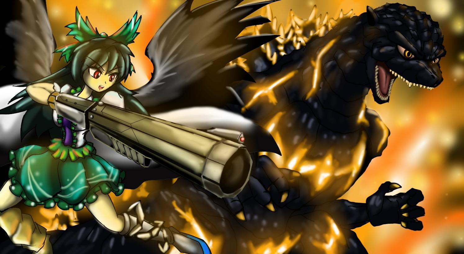 1girl aiming arm_cannon asymmetrical_footwear bird_girl black_hair bow burning_godzilla cape crossover dinosaur fire giant giant_monster glowing godzilla godzilla_(series) godzilla_vs._destoroyah green_bow green_skirt hair_bow hanuma_(19841996) jaw kaiju long_hair looking_to_the_side m.u.g.e.n open_mouth red_eyes reiuji_utsuho skirt spines toho touhou weapon wings