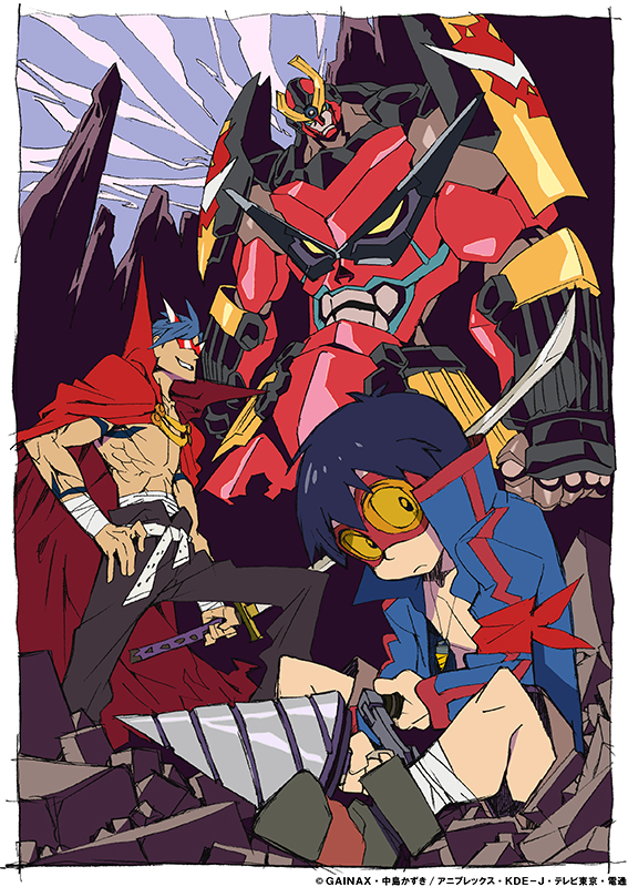 00s 2boys blue_hair cape gainaxtop goggles gurren-lagann imaishi_hiroyuki kamina_(ttgl) kamina_shades male_focus mecha multiple_boys official_art outdoors robot simon_(ttgl) sky sword tattoo tengen_toppa_gurren_lagann topless_male triangular_eyewear weapon