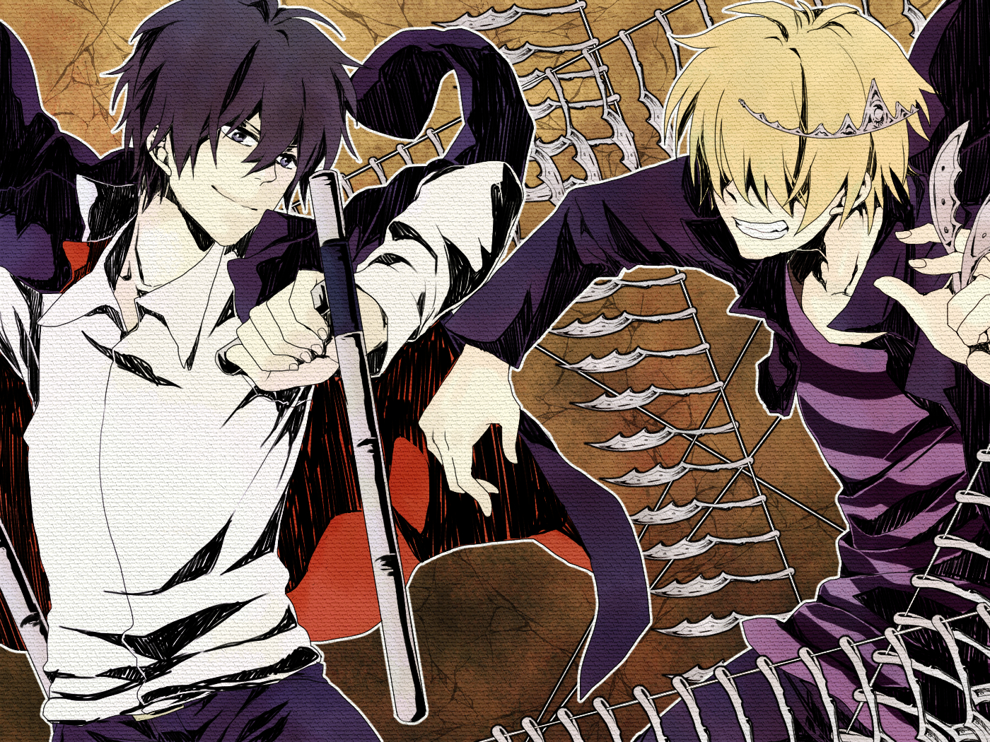 2boys belphegor_(reborn) black_hair blonde_hair closed_mouth commentary_request grin hair_over_eyes hibari_kyouya katekyo_hitman_reborn! male_focus multiple_boys shirt smile striped_clothes striped_shirt tiara