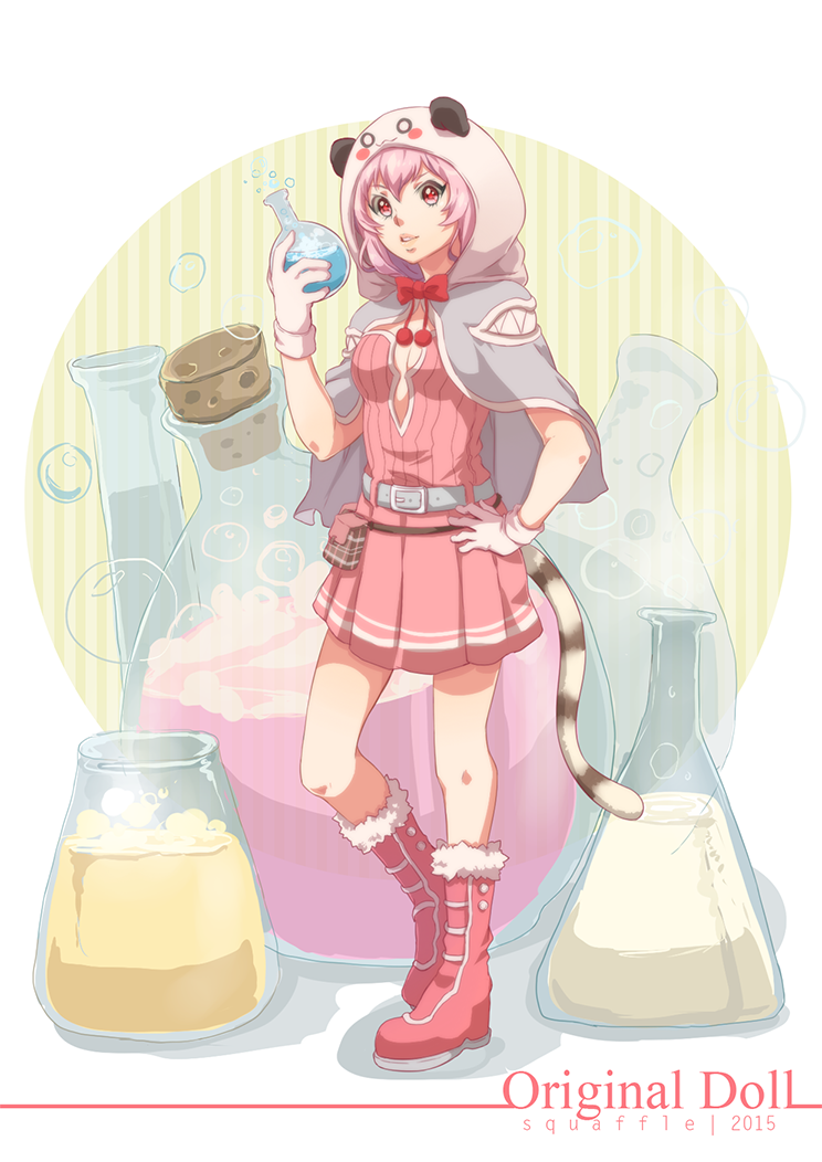 1girl belt boots breasts cape cat_girl cat_tail commentary corked_bottle creator_(ragnarok_online) dress english_commentary erlenmeyer_flask flask full_body fur-trimmed_boots fur_trim grey_belt grey_cape looking_at_viewer medium_breasts pink_boots pink_dress pink_hair potion ragnarok_online red_eyes short_hair smile solo squaffle1 standing tail