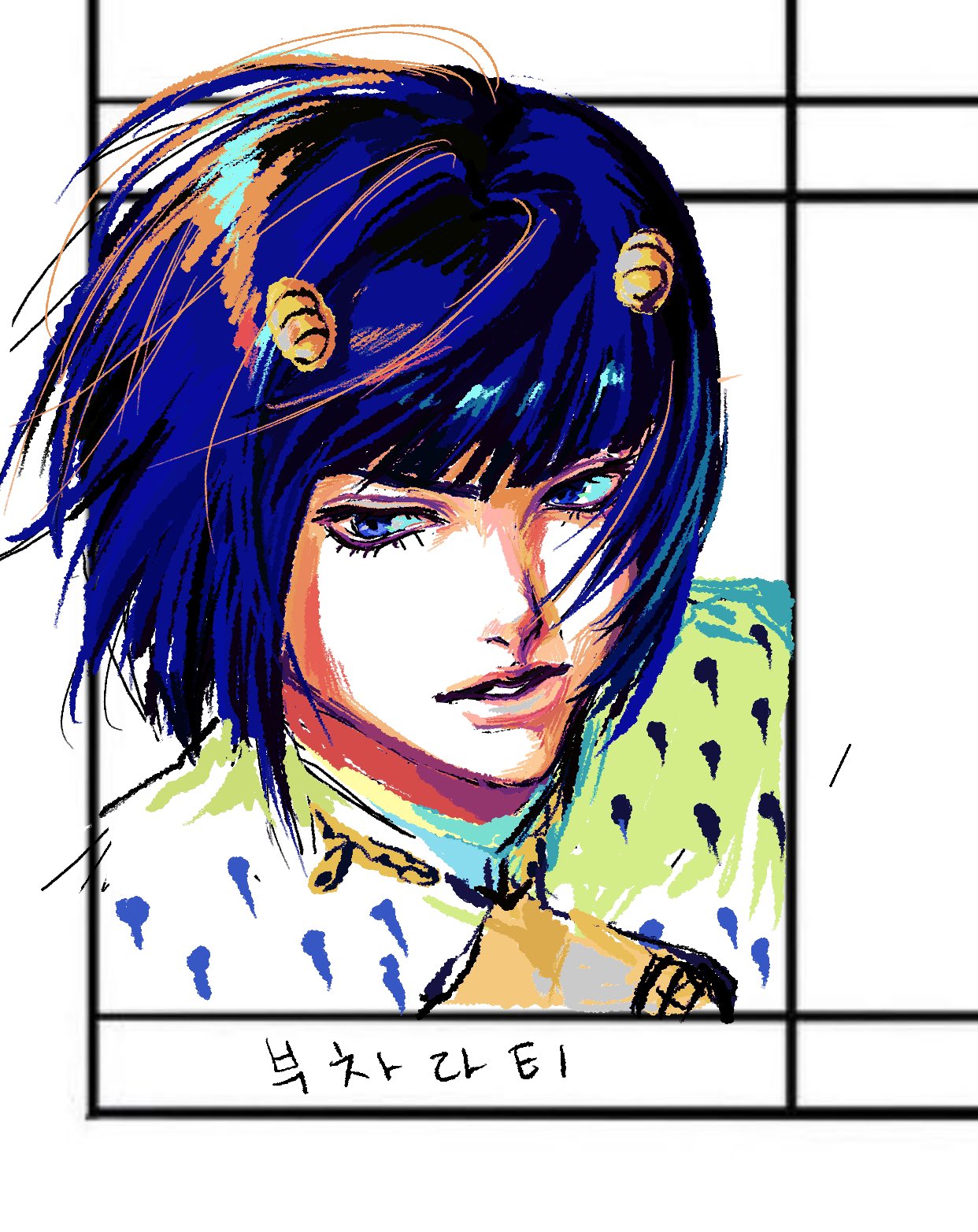 1boy blue_hair blunt_bangs bruno_bucciarati clothing_cutout commentary_request eyelashes highres jojo_no_kimyou_na_bouken korean_commentary looking_to_the_side lower_eyelashes_only male_focus parted_lips patterned_clothing short_hair sideways_glance solo teeth vento_aureo worker_17287