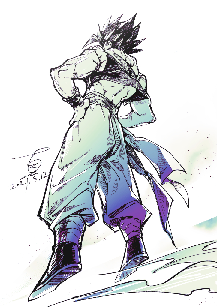 1boy dated dragon_ball dragonball_z floating from_behind from_below gogeta hands_on_own_hips male_focus metamoran_vest monochrome muscular muscular_male pants shin_(sinsin12121) signature simple_background sketch sleeveless solo spiked_hair wristband