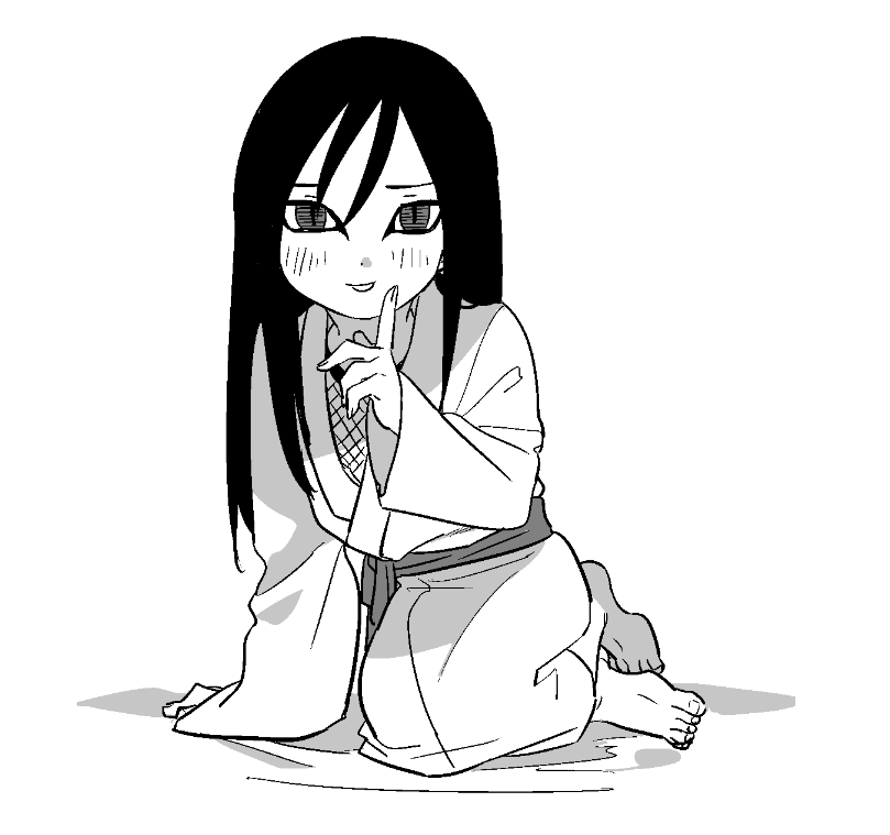 1boy aged_down barefoot black_hair blush child drop_shadow finger_to_own_chin fishnets hand_rest japanese_clothes kimono kutuyatti light_smile long_sleeves looking_at_viewer monochrome naruto_(series) on_ground orochimaru_(naruto) sleeves_past_wrists slit_pupils