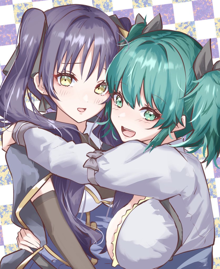 2girls :d aqua_eyes assault_lily black_cloak black_ribbon blue_shirt blue_skirt blush bodystocking bow breasts brown_gloves buttons checkered_background cloak collared_shirt commentary_request elbow_gloves gloves grey_bow grey_shirt hair_between_eyes hair_ribbon hand_on_another&#039;s_shoulder heads_together hishida_haru houji_tea_latte hug large_breasts long_hair long_sleeves looking_at_viewer looking_to_the_side medium_breasts medium_hair multiple_girls odaiba_girls_high_school_uniform open_mouth parted_lips purple_hair raised_eyebrows ribbon school_uniform shirt skirt sleeve_bow smile suzuki_chinami teeth twintails two-tone_shirt upper_body upper_teeth_only white_shirt yellow_eyes yellow_ribbon yuri