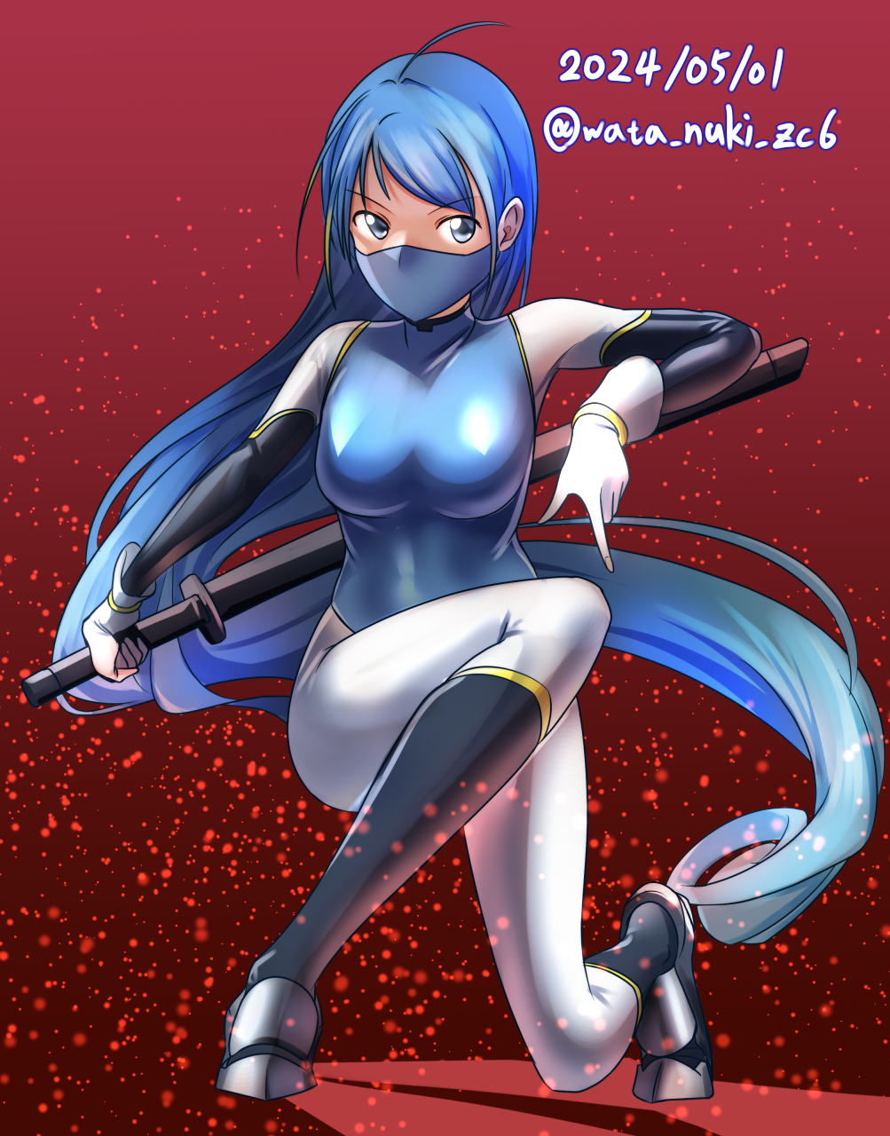 1girl alternate_breast_size alternate_costume blue_leotard bodysuit boots breasts dated fighting_stance gloves gradient_background highres kantai_collection leotard long_hair mask medium_breasts mouth_mask ninja ninja_mask ninjatou petals red_background samidare_(kancolle) sheath sheathed short_sword solo sword twitter_username wata_nuki weapon weapon_on_back white_bodysuit white_gloves