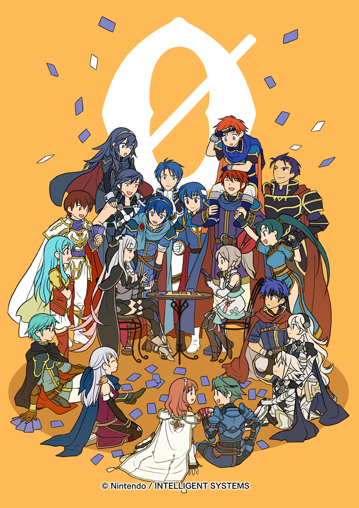 alm_(fire_emblem) animal animal_on_shoulder armor bent_over bird bird_on_shoulder blonde_hair blue_hair boots breasts brown_hair cape card card_game carrying celica_(fire_emblem) chair cheering chrom_(fire_emblem) cleavage cloak closed_eyes copyright_name corrin_(female)_(fire_emblem) corrin_(male)_(fire_emblem) desk eirika_(fire_emblem) eliwood_(fire_emblem) emma_(fire_emblem) ephraim_(fire_emblem) father_and_daughter father_and_son fire_emblem fire_emblem:_genealogy_of_the_holy_war fire_emblem:_mystery_of_the_emblem fire_emblem:_path_of_radiance fire_emblem:_radiant_dawn fire_emblem:_the_binding_blade fire_emblem:_the_blazing_blade fire_emblem:_the_sacred_stones fire_emblem:_thracia_776 fire_emblem_awakening fire_emblem_cipher fire_emblem_echoes:_shadows_of_valentia fire_emblem_fates fire_emblem_heroes green_eyes green_hair hairband hand_on_own_chest headband headdress hector_(fire_emblem) ike_(fire_emblem) indian_style kita_senri leif_(fire_emblem) long_hair lucina_(fire_emblem) lyn_(fire_emblem) marth_(fire_emblem) medium_breasts micaiah_(fire_emblem) multiple_boys multiple_girls nintendo official_art open_mouth orange_background piggyback pointy_ears ponytail red_hair roy_(fire_emblem) seiza seliph_(fire_emblem) shade_(fire_emblem) short_hair sigurd_(fire_emblem) silver_hair simple_background sitting skirt smile spiked_hair table thigh_boots thighhighs watermark yune_(fire_emblem) zettai_ryouiki