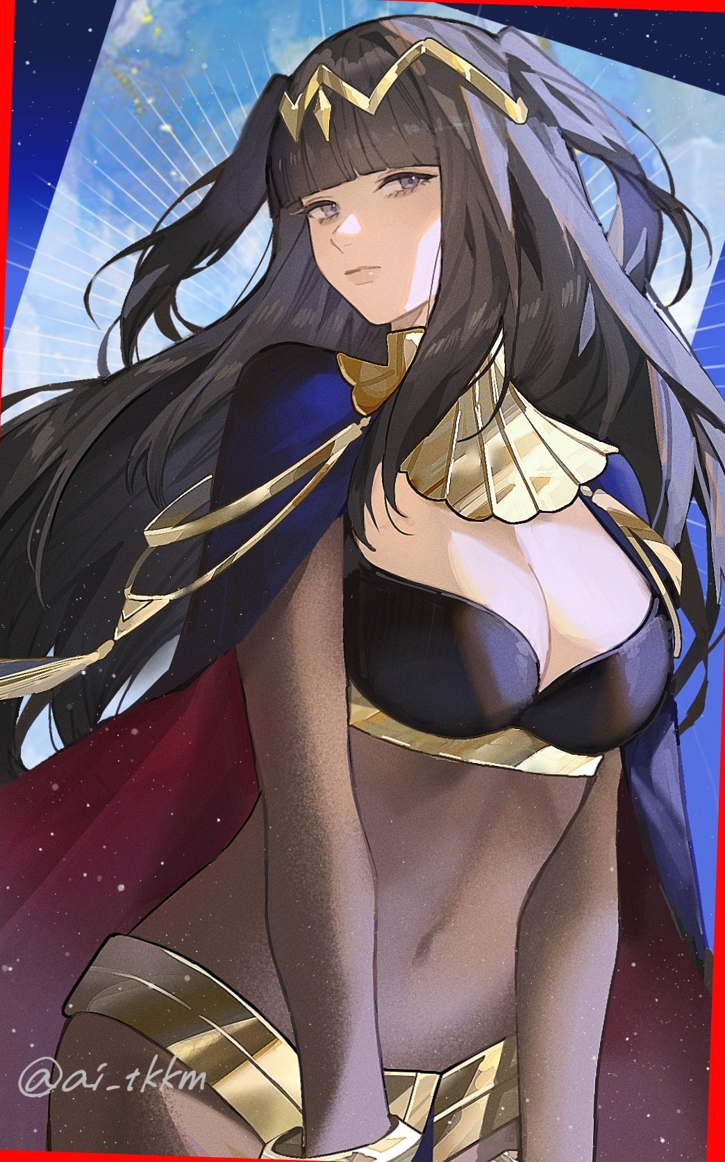 1girl ai_tkkm black_hair blunt_bangs bodystocking breasts cape circlet cleavage covered_navel fire_emblem fire_emblem_awakening highres jewelry large_breasts long_hair looking_at_viewer medium_breasts navel nintendo purple_eyes see-through_clothes solo tharja_(fire_emblem) tiara two_side_up
