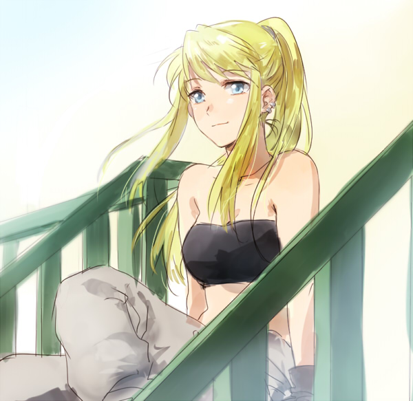 1girl arms_at_sides bandeau bare_arms bare_shoulders black_gloves black_tube_top blonde_hair blue_background blue_eyes breasts closed_mouth earrings female_focus floating_hair fullmetal_alchemist gloves gradient_background grey_pants jewelry light_smile long_hair looking_at_viewer medium_breasts midriff orange_background outdoors pants ponytail railing riru simple_background sitting smile solo strapless tube_top winry_rockbell yellow_background