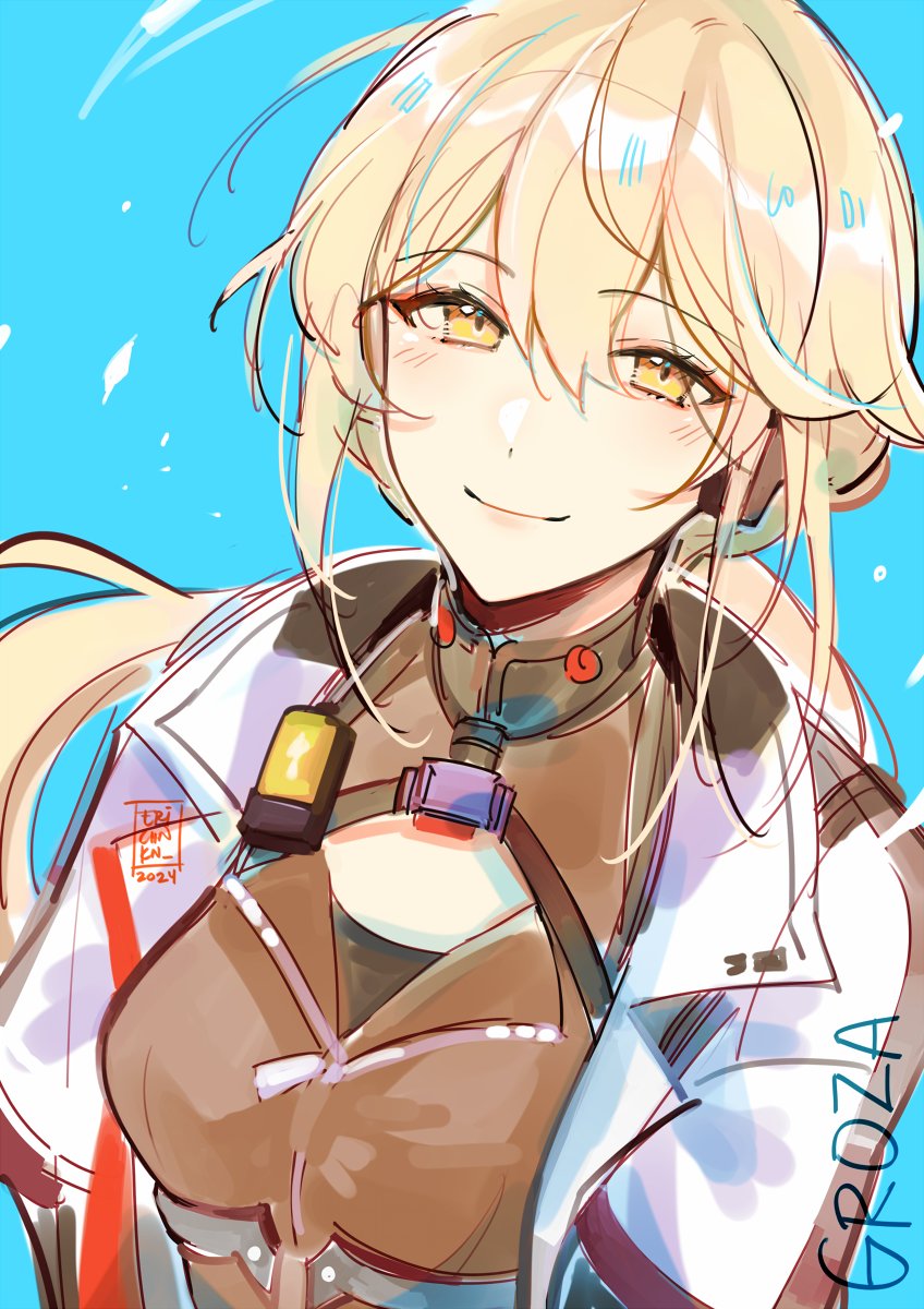 1girl blonde_hair blue_background breasts character_name closed_mouth coat coll_(erichankun) commentary english_commentary english_text girls&#039;_frontline girls&#039;_frontline_2:_exilium groza_(girls&#039;_frontline_2) highres long_hair orange_eyes ots-14_(girls&#039;_frontline) simple_background sketch smile solo upper_body white_coat
