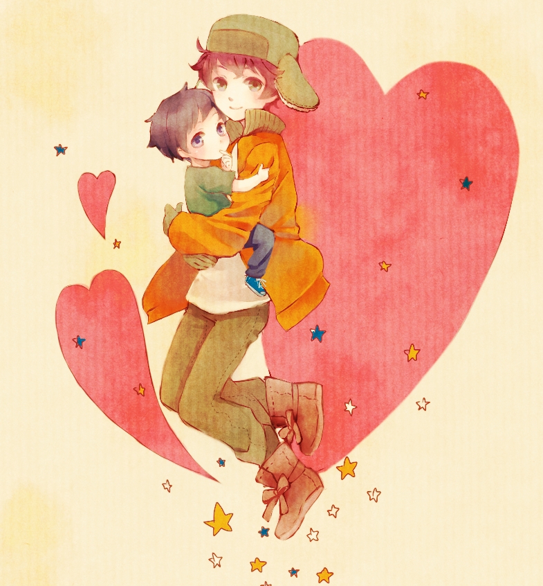 2boys amu_(m_aa) ascot black_hair black_pants blue_shoes boots brothers brown_boots brown_gloves brown_pants carrying carrying_person child closed_mouth commentary_request full_body gloves green_eyes green_hat green_shirt hat heart ike_broflovski jacket kyle_broflovski long_sleeves male_focus multiple_boys open_clothes open_jacket orange_ascot pants red_hair shirt shoes short_hair short_sleeves siblings smile sneakers south_park star_(symbol) t-shirt white_shirt