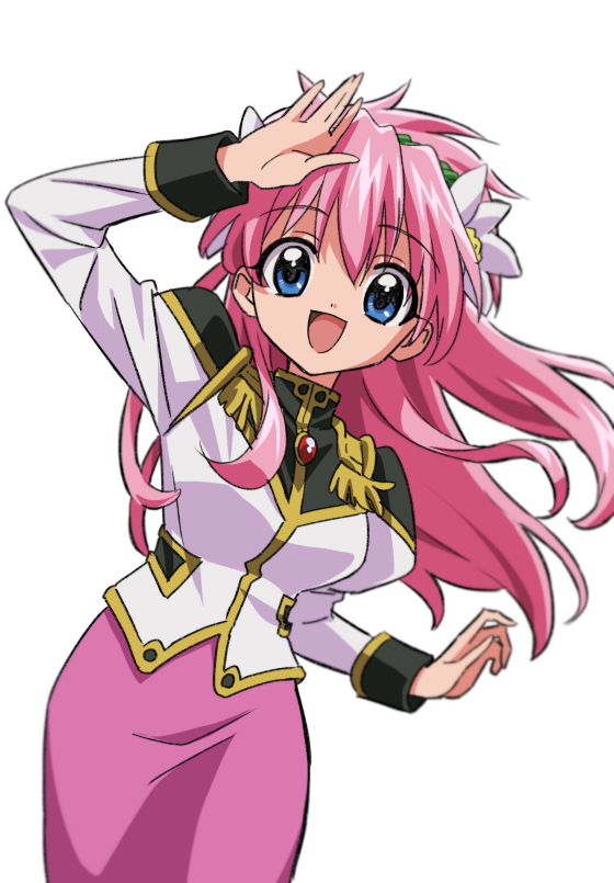 1girl :d blue_eyes flower galaxy_angel hair_flower hair_ornament long_hair long_sleeves looking_at_viewer milfeulle_sakuraba open_mouth pink_hair smile solo uniform yoko.u