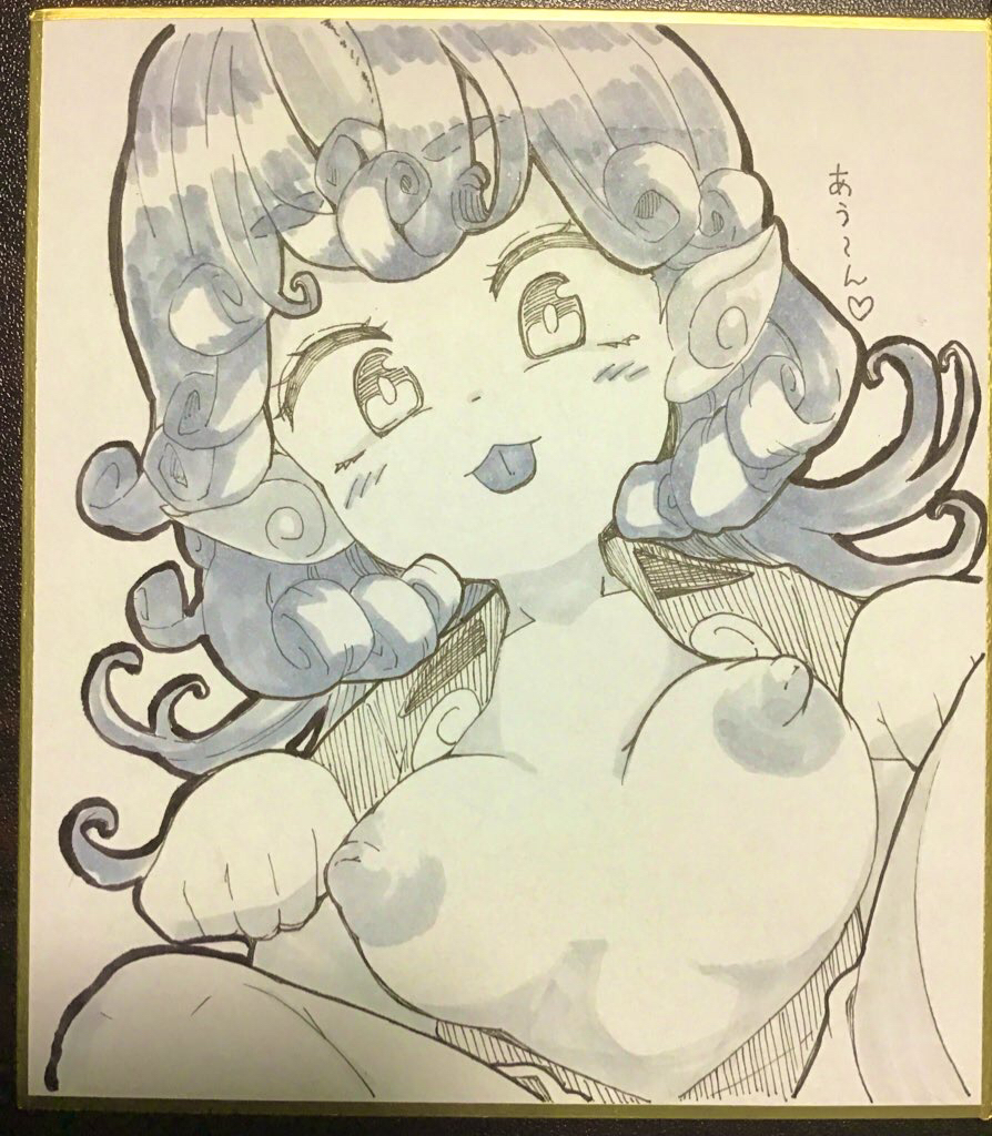 1girl blush breasts closed_mouth collared_shirt commentary_request curly_hair feet_out_of_frame from_below greyscale komano_aunn long_hair looking_at_viewer medium_breasts monochrome nipples open_clothes open_shirt paw_pose shika_miso shikishi shirt simple_background smile solo squatting tongue tongue_out touhou translation_request