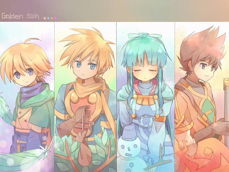 1girl 3boys aqua_cloak aqua_hair bag blonde_hair blue_eyes brown_eyes brown_gloves brown_hair bush closed_eyes feathers fez_hat garet_(golden_sun) gloves golden_sun holding holding_bag holding_sheath isaac_(golden_sun) ivan_(golden_sun) k_haru mia_(golden_sun) multiple_boys purple_eyes scarf sheath short_sleeves snowman yellow_scarf