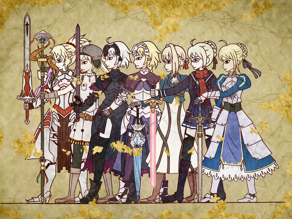 6+girls ahoge armor armored_boots artoria_caster_(fate) artoria_caster_(first_ascension)_(fate) artoria_pendragon_(fate) black_armor black_jacket black_thighhighs blonde_hair blue_dress blue_jacket blue_skirt boots braid brown_gloves commentary_request crossover dress egyptian_art expressionless fate/grand_order fate_(series) french_braid from_side glasses gloves glowing glowing_sword glowing_weapon hair_bun hat holding holding_staff holding_sword holding_umbrella holding_weapon jacket jeanne_d&#039;arc_(fate) jeanne_d&#039;arc_(ruler)_(fate) jeanne_d&#039;arc_alter_(fate) juliet_sleeves kita_(7kita) long_sleeves look-alike mordred_(fate) multiple_girls mysterious_heroine_x_alter_(fate) planted planted_sword planted_weapon pleated_skirt ponytail puffy_sleeves red_scarf saber_(fate) scarf sidelocks skirt staff sword thighhighs umbrella violet_evergarden violet_evergarden_(series) weapon