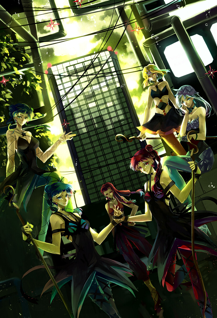 1990s_(style) 6+girls bad_id bad_pixiv_id bare_shoulders bishoujo_senshi_sailor_moon bishoujo_senshi_sailor_moon_s blonde_hair blue_eyes blue_hair braid breasts building choker cleavage crystal cyprine_(sailor_moon) dutch_angle eudial_(sailor_moon) green_hair hand_on_own_hip highres hip_focus large_breasts long_hair medium_breasts mimete_(sailor_moon) multiple_girls nako_(nonrain) pantyhose ptilol_(sailor_moon) red_eyes red_hair short_hair staff star_(symbol) tellu_(sailor_moon) tree viluy_(sailor_moon) witches_5 yellow_eyes