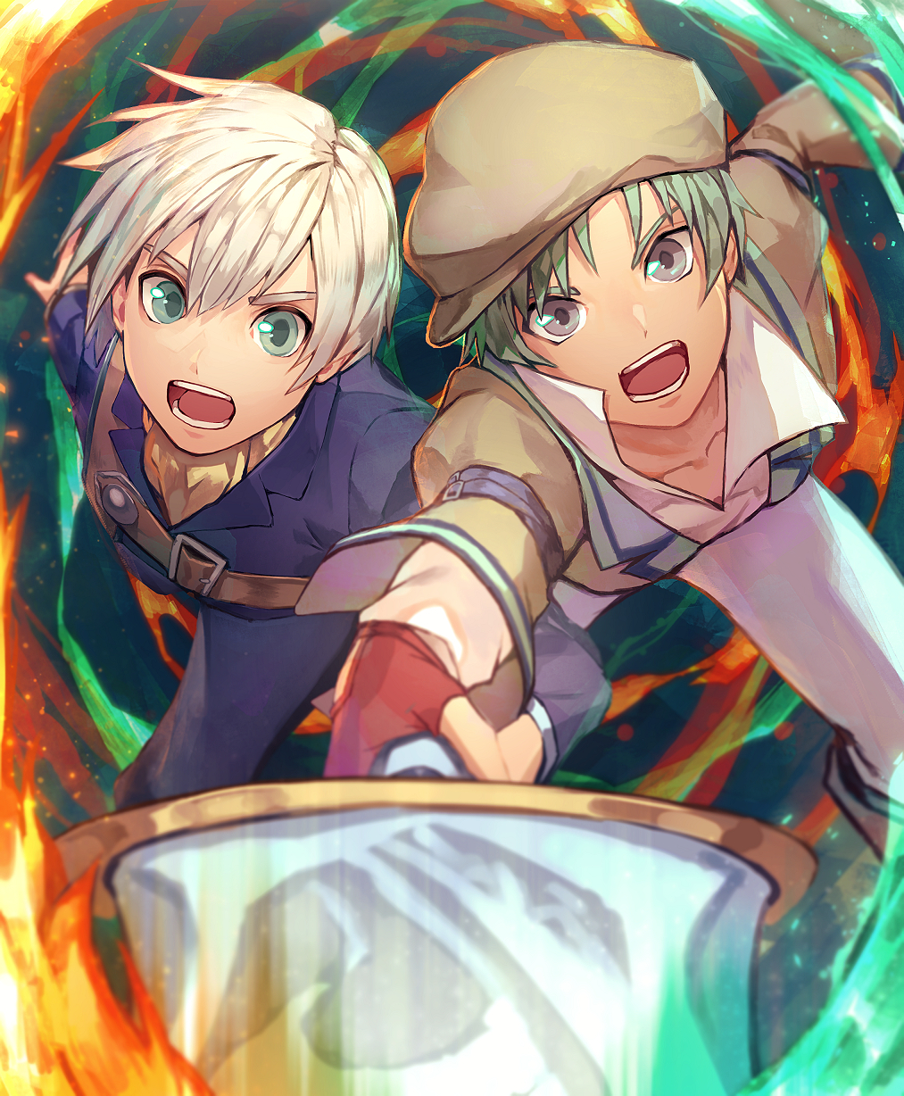 1boy attack belt beret coat commentary_request fingerless_gloves gloves green_hair grey_eyes hat highres holding holding_sword holding_weapon incoming_attack jacket male_focus open_mouth pants penguu_(green528) ruca_milda shoes solo spada_belforma sword tales_of_(series) tales_of_innocence weapon white_hair