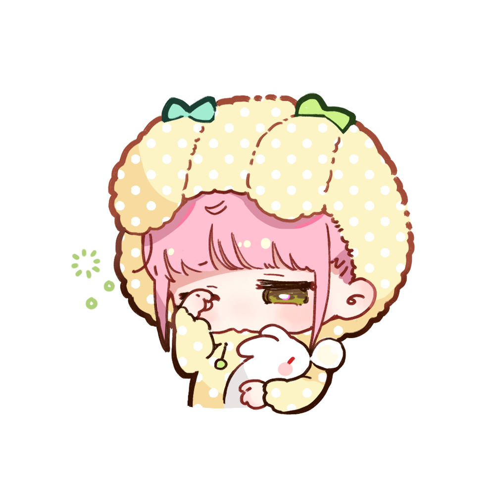 1girl animal artist_request chibi chibi_only chinese_commentary girls&#039;_frontline girls&#039;_frontline_neural_cloud green_eyes holding holding_animal official_art one_eye_closed pajamas pink_hair rabbit rabbit_pajamas rubbing_eyes second-party_source sleepy solo squeans taisch_(neural_cloud)