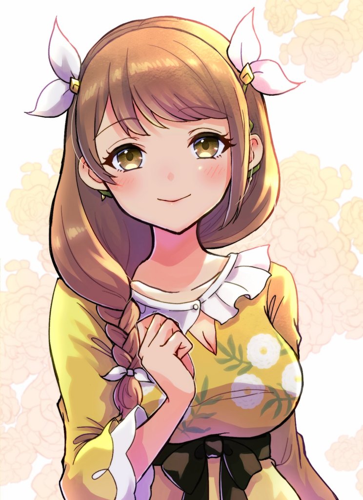 1girl braid breasts brown_eyes brown_hair cleavage cleavage_cutout closed_mouth clothing_cutout dress earrings fire_emblem fire_emblem_engage gogatsu_(yeaholiday) goldmary_(fire_emblem) hair_ornament hair_ribbon jewelry large_breasts light_smile looking_at_viewer medium_breasts nintendo official_alternate_costume ribbon side_braid solo white_ribbon yellow_dress
