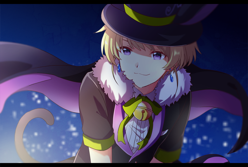 1boy black_jacket blonde_hair cat_boy cat_tail collared_shirt green_ribbon harukawa_(aonori1022) hat idolmaster idolmaster_side-m jacket looking_at_viewer male_focus necktie pierre_bichelberger purple_eyes ribbon shirt short_hair solo tail white_shirt witch witch_hat