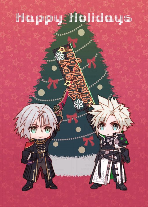 2boys aqua_eyes armor belt black_boots black_gloves black_jacket black_pants blonde_hair boots chibi christmas_tree cloud_strife cloud_strife_(saber_style) coat crossed_swords earrings final_fantasy final_fantasy_vii final_fantasy_vii_ever_crisis gloves gold_trim grey_hair hair_between_eyes happy_holidays holding holding_sword holding_weapon jacket jewelry komm_ec_7 long_coat male_focus multiple_belts multiple_boys neon_sign official_alternate_costume pants parted_bangs pauldrons red_background red_boots sephiroth sephiroth_(ever_crisis) sephiroth_(shinra_formal_uniform) short_hair shoulder_armor single_earring single_pauldron slit_pupils smile spiked_hair sword weapon white_coat