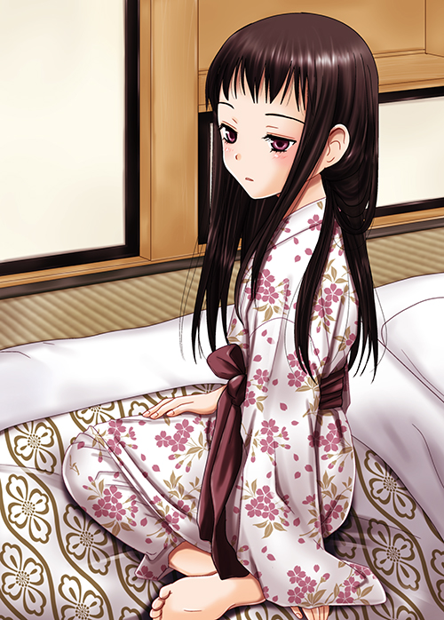 1girl ar_tonelico ar_tonelico_ii barefoot black_hair commentary_request expressionless futon inumori_sayaka jakuri_(ar_tonelico) japanese_clothes kimono long_hair looking_to_the_side sitting solo yukata
